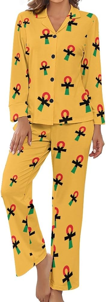 Red Black & Green Ankh Symbol Casual Women's Pajama Set 2-Piece Sleepwear Long Sleeve Loungewear