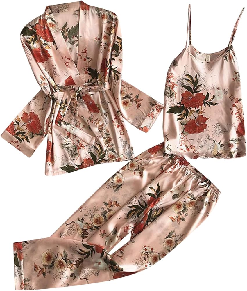 Matching Pajamas For Couples,Women's 3Pcs Sleepwear Floral Print Satin Silk Pajamas Cami Shirt Pj Set Set With Robe Lounge Set Sleepwear Loungewear Pink XXL