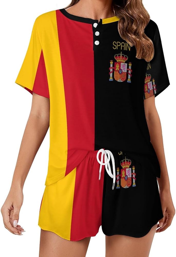 Spanish Flag Classic Women's Pajamas Loungewear Set Loose Short Sleeve Sleepwear With Pockets