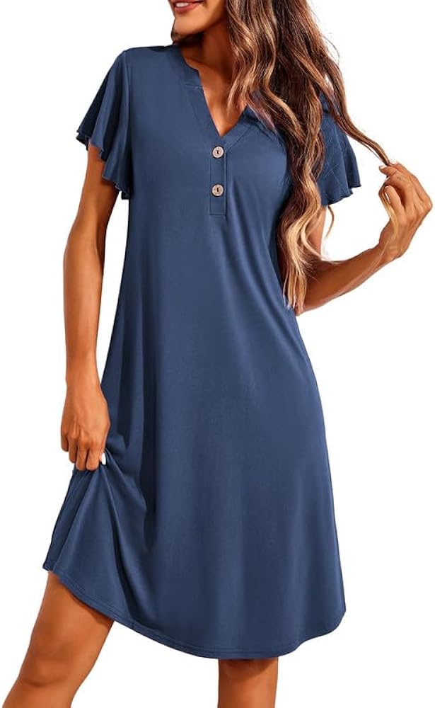 Ekouaer Women's Nightgown Short Flare Sleeve Sleepshirt V-Neck Sleepwear Soft Nightshirt Pajama Dress S-XXL