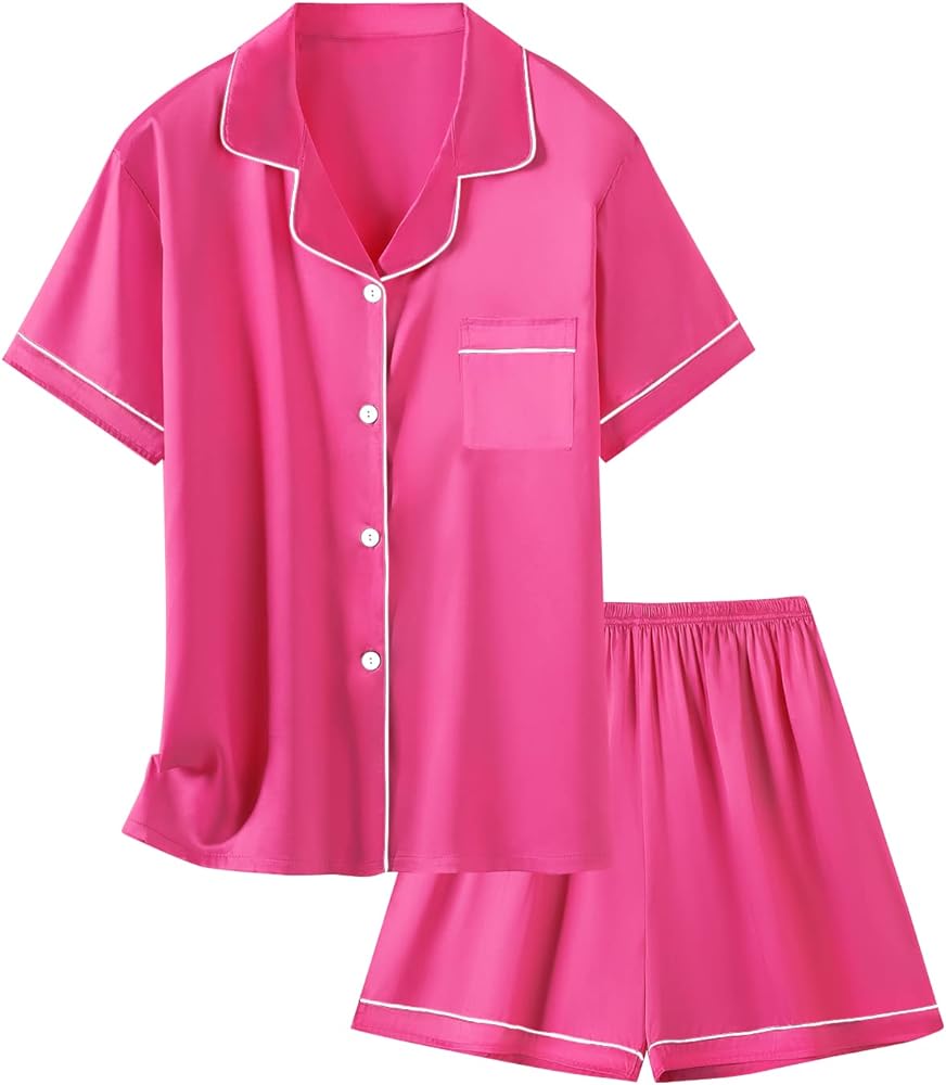 Schbbbta Girls Womens Pajamas, Satin Silky Pjs Set Kids 2Pcs Button-Down Nightwear Sleepwear Gift for Mommy and me