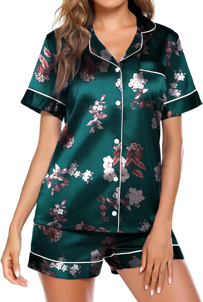 Ekouaer Satin Pajamas for Women Button Down Sleepwear Soft Silk Loungewear Short Sleeve Top and Shorts Pjs S-XXL