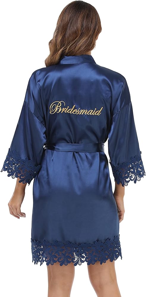 Women's Bride Bridesmaid Robe with Lace Trim Wedding Party Kimono Robes Soft Satin Bathrobe Getting Ready