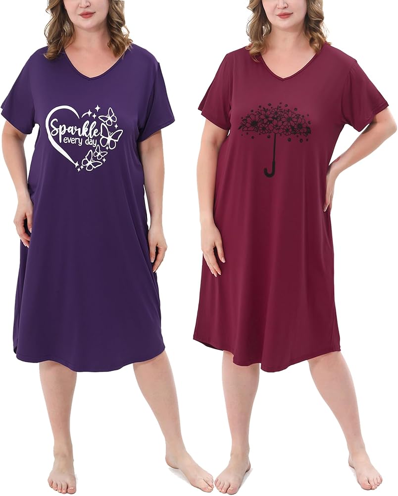 2 Pack Plus Size Nightgown for Women Casual V Neck Nightshirts Print Short Sleeve Sleepwear