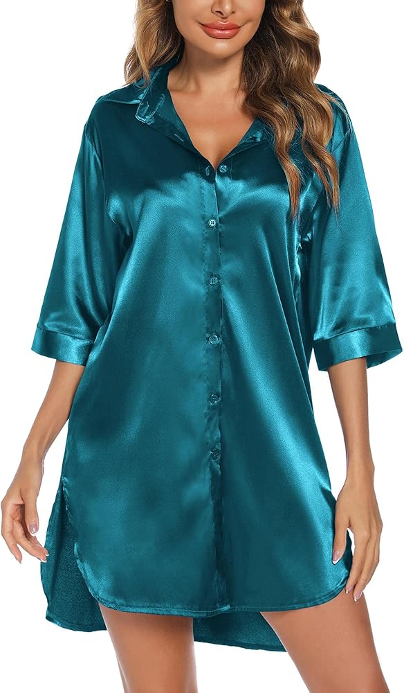 Leikar Satin Nightgown For Women 3/4 Sleeve Silk Nightshirt Button Down Pajamas Dress Boyfriend Sleepshirt S-XXL