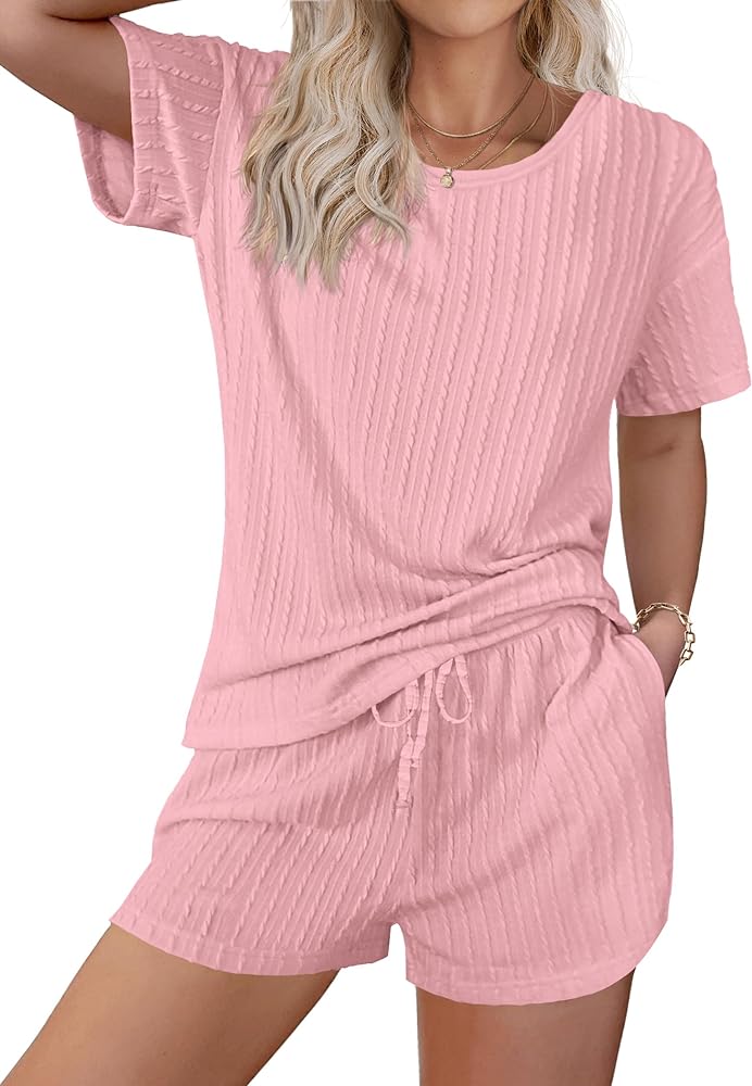 Ekouaer Women's 2 Piece Lounge Sets Ribbed Knit Matching Outfits T-shirt and Shorts Sets Loungewear Casual Pajamas