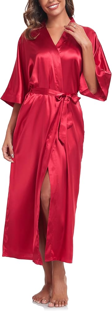 Womens Pure Color Long Satin Bathrobe Kimono Nightgown Long Dress Gown