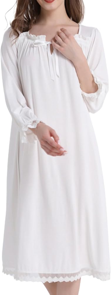 AIGE women's nightgown Soft, floor-length with long sleeves, ruffles & pleats on chest, stylish neck, loose fit. White