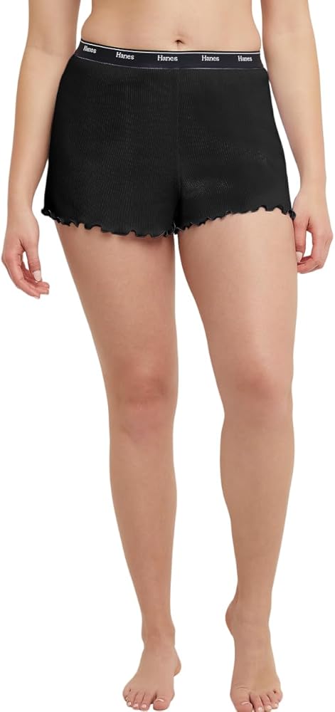 Hanes Originals Womens Rib Lounge Shorts with Lettuce Edge, L, Black