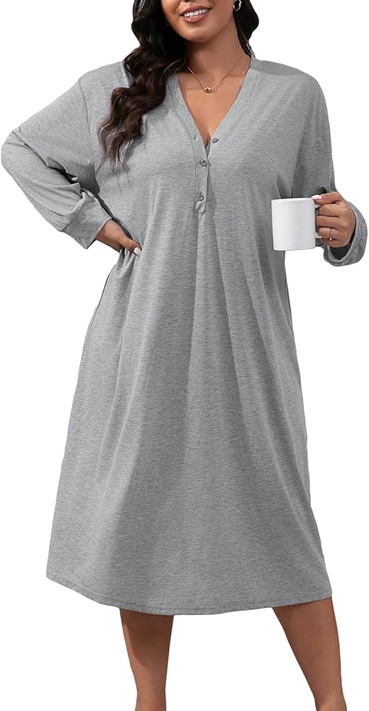 SOLY HUX Women's Plus Size Half Button Down Nightgown V Neck Long Sleeve Midi Nightdress Sleepwear