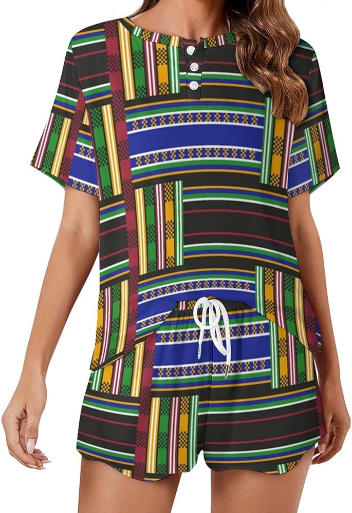 African Kente Tribal Classic Women's Pajamas Loungewear Set Loose Short Sleeve Sleepwear With Pockets