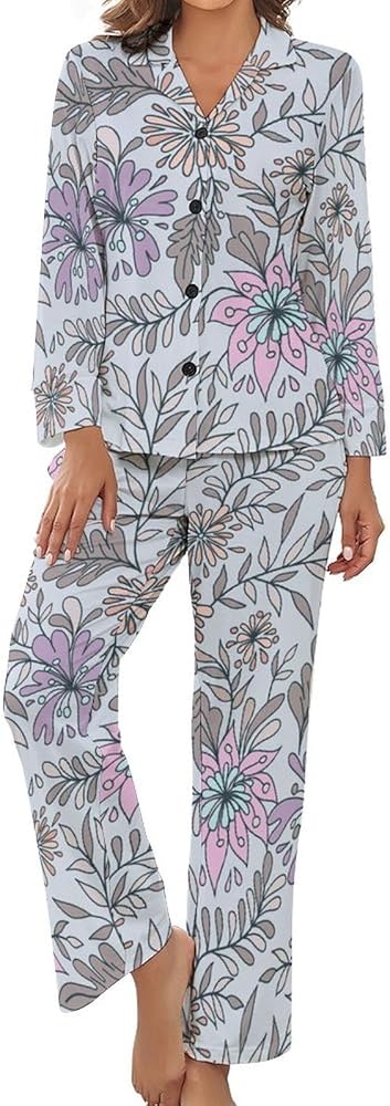 Women's V Neck Pajama Set 2-Piece Flowers Sleepwear Loungewear with Button Down Long Sleeve Soft PJ Set