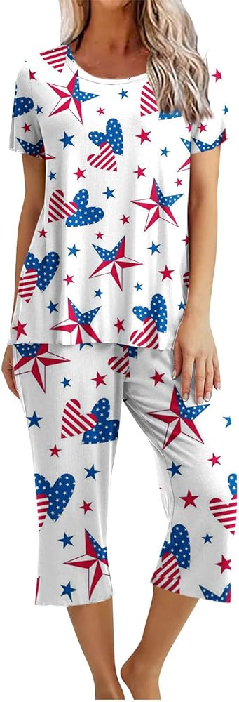 4Th of July Comfy Lounge Set for Women Capri Pajama Sets American Flag Short Sleeve Tops and Cropped Pants Sleepwear