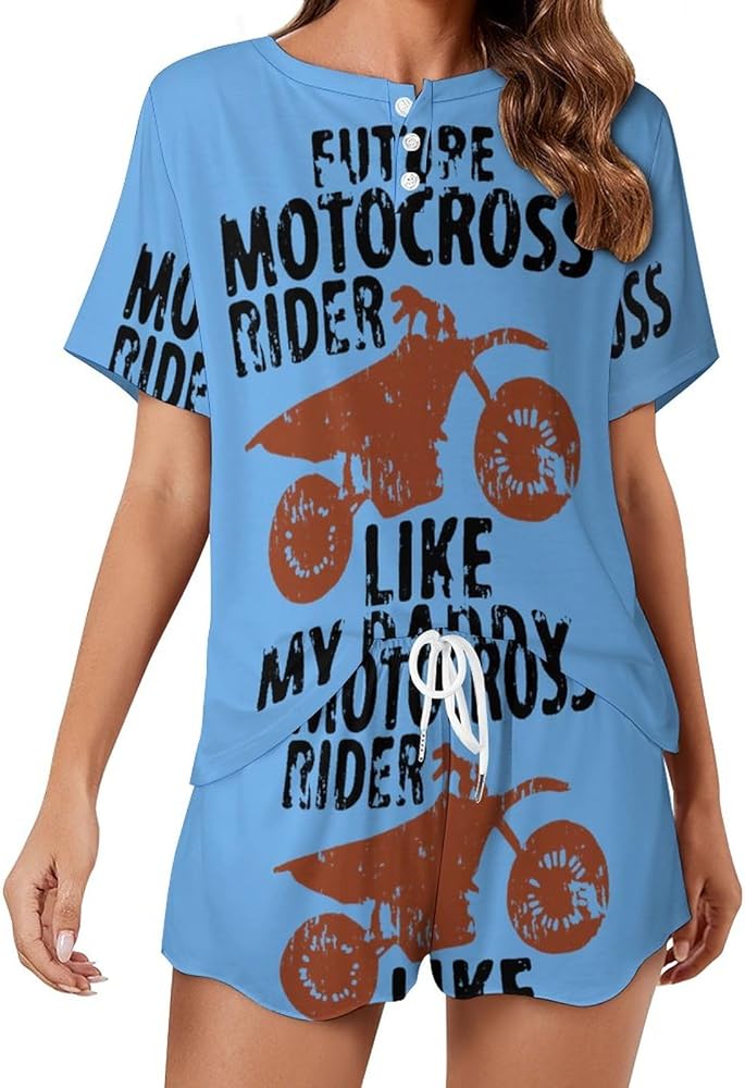 Future Motocross Rider Like My Daddy Classic Women's Pajamas Loungewear Set Loose Short Sleeve Sleepwear With Pockets