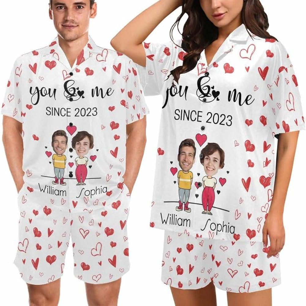 Artsadd Custom Personalized Funny Pajamas Set with Face for Women Men Customized Photo Sleepwear Loungwear PJ Sets