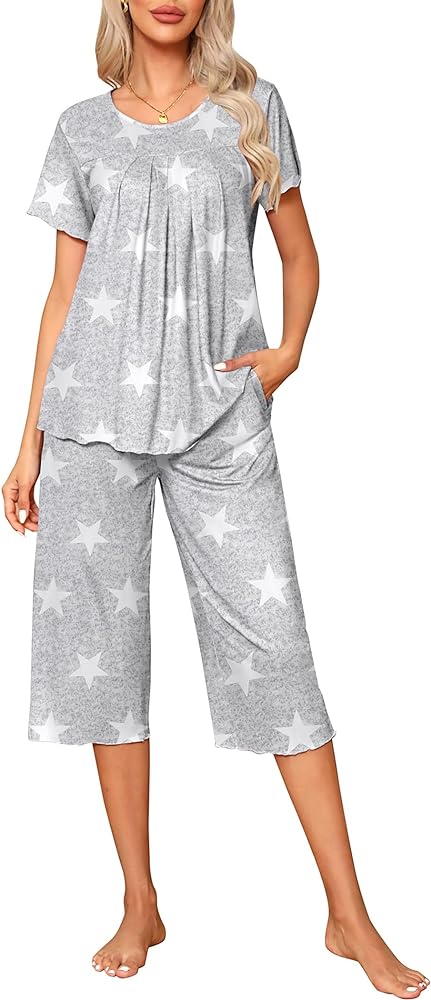 Ekouaer Pajama Set for Women 2 Piece Capri Pants Short Sleeve Top Sleepwear Soft Pjs Loungewear with Pockets S-3XL