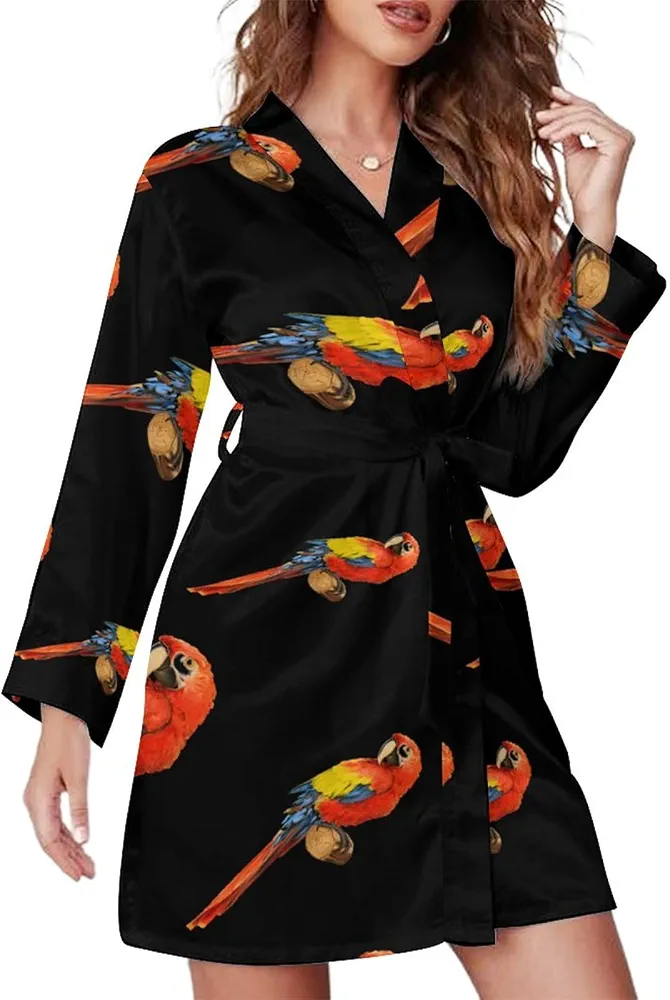 Allah Parrot Macaw Women's Short Bath Robes Long Sleeve Sleepwear Loungewear Dressing Gowns L