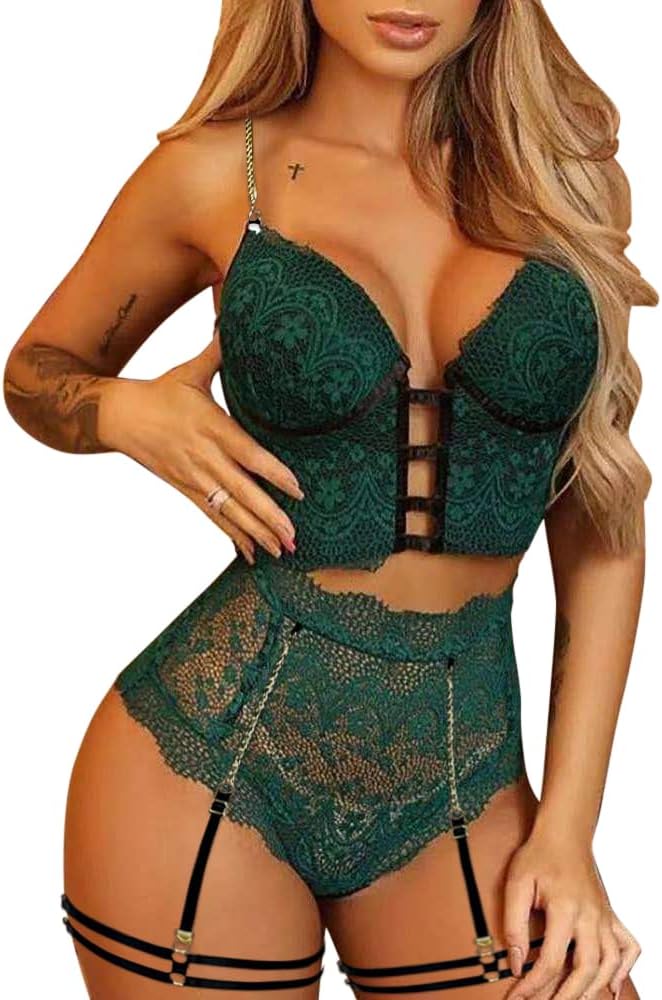 Lilosy Sexy High Waited Underwire Padded Push Up Floral Lace Lingerie Set