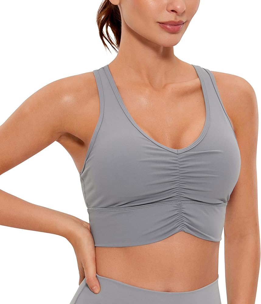 CRZ YOGA Womens Ulti-Dry Ruched V-Neck Longline Sports Bra - Racerback Padded Low Cut Yoga Bra Crop Tank Top