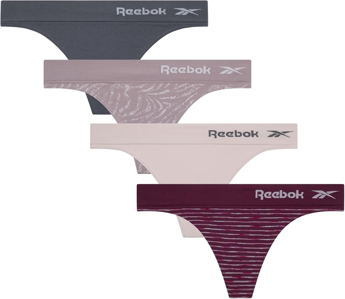 Reebok Women's Thongs - 4 Pack Performance Seamless Thongs for Women Sexy Panties - Breathable Underwear for Women (S-XL)