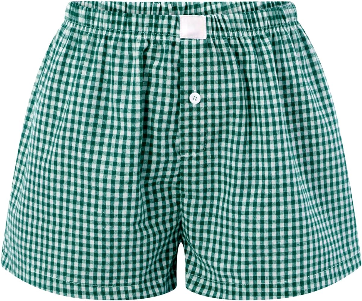 Women Y2K Plaid Pajamas Shorts Cute Elastic Waist Gingham Boxers Shorts Casual Micro Lounge Shorts Striped Bottoms