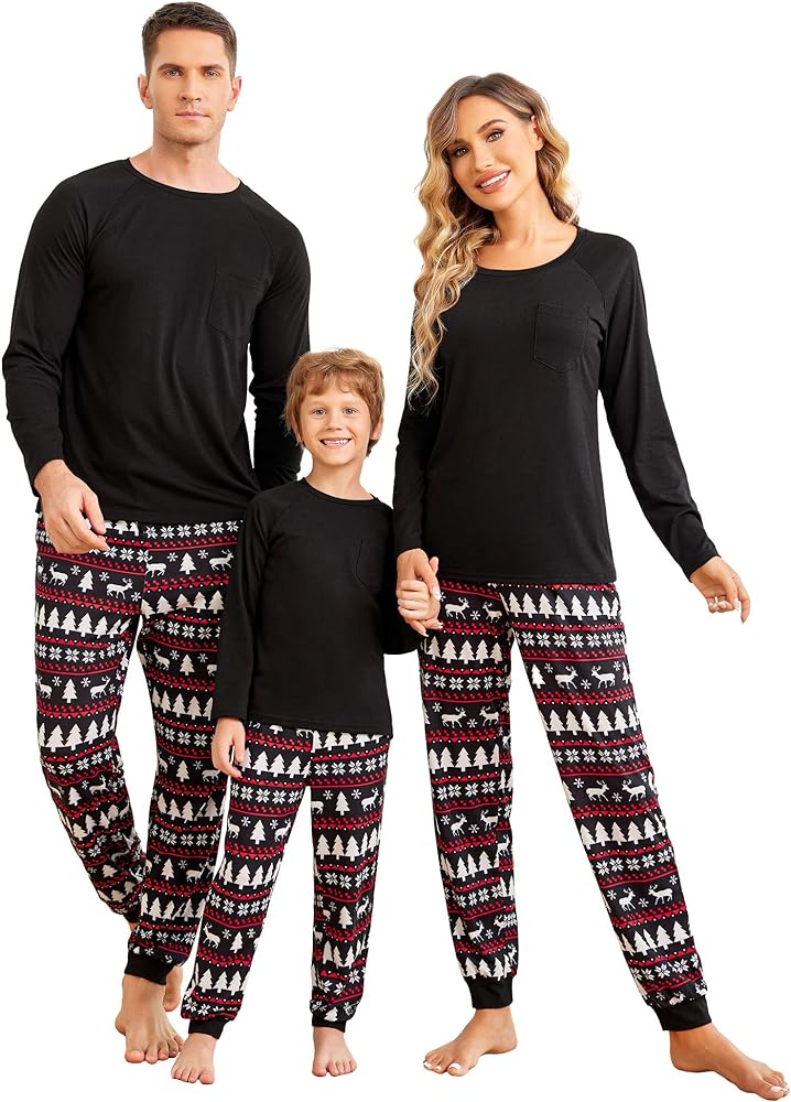 Ekouaer Family Matching Pajamas Christmas Sleepwear Long Sleeve Sleep Shirt with Plaid Pants Soft Loungewear Pjs Set S-XXL