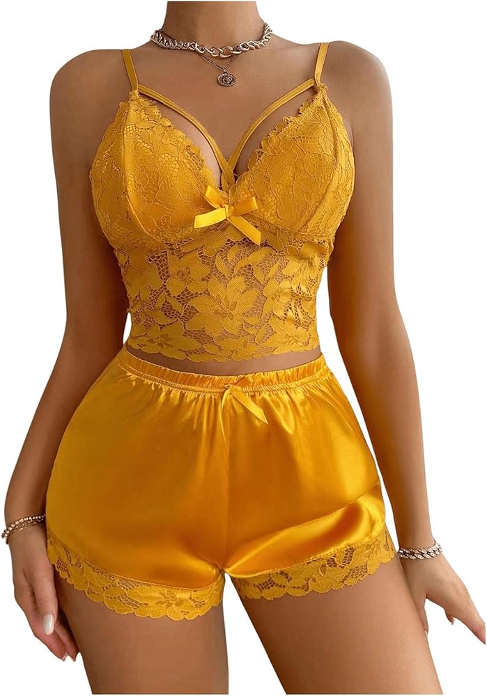 SHENHE Women's 2 Piece Satin Lace Trim See Through Cut Out Bow Front Sexy Pajama Set