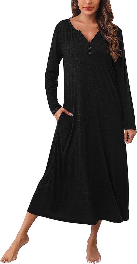 Marvmys Womens Long Sleeve Nightgown Cotton Long Nightshirts Henley Full Length Sleep Shirts with Pocket