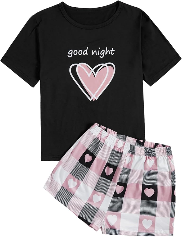 SOLY HUX Women's Cute Cartoon Print Sleepwear Short Sleeve Tee with Shorts Pajama Set Black Plaid Small