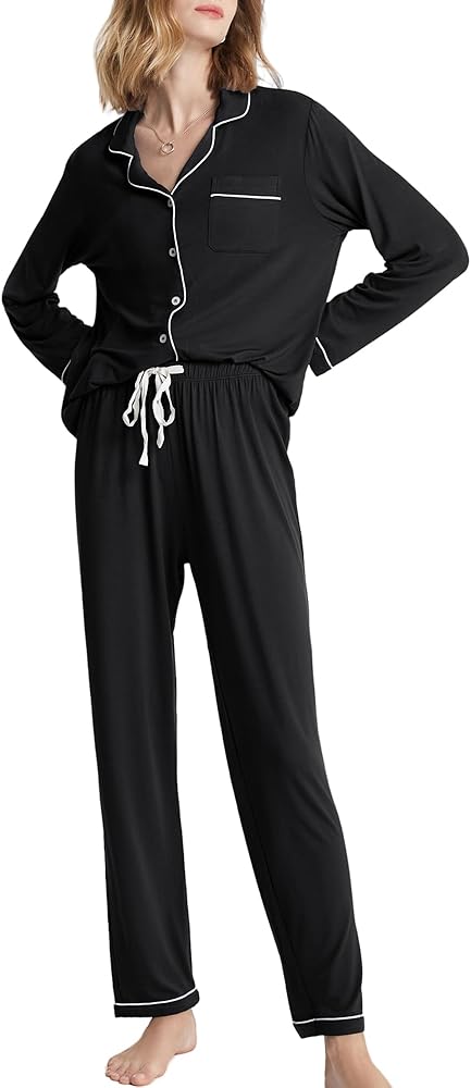 SIORO Ladies Soft Pajamas Set 2 Piece Modal Long Sleeve Loungewear for Women, Button Up Sleepwear Pj Outfits