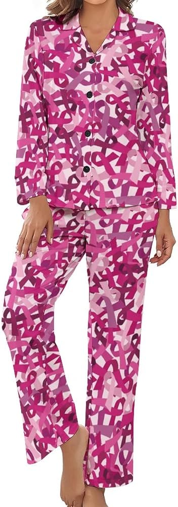 Pink Ribbon Breast Cancer Awareness Womens Pajama Sets Pockets Pants Long Sleeve Sleepwear Nightwear Loungewear