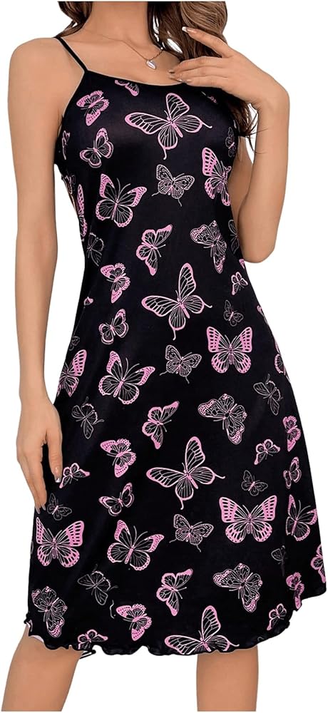 SOLY HUX Women's Butterfly Print Cami Slip Dress Spaghetti Strap Nightgown Nightdress