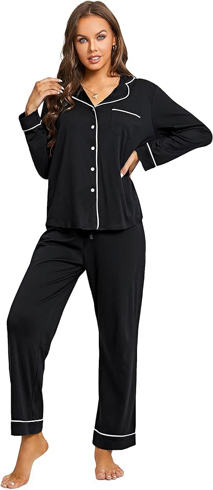 DOBREVA Women's Cotton Pajamas Sets Soft Comfy Lounge Sets Loungewear Pj Set Button Up Long Sleeve 2 Piece