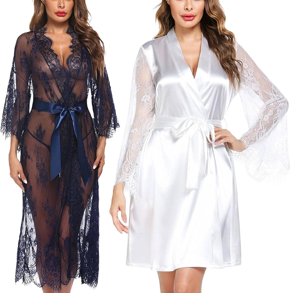 Avidlove Women Sexy Long Lace Lingerie Kimono Robe(Navy Blue,XXL) and Satin Robe for Brides Bridesmaids(White,XXL)