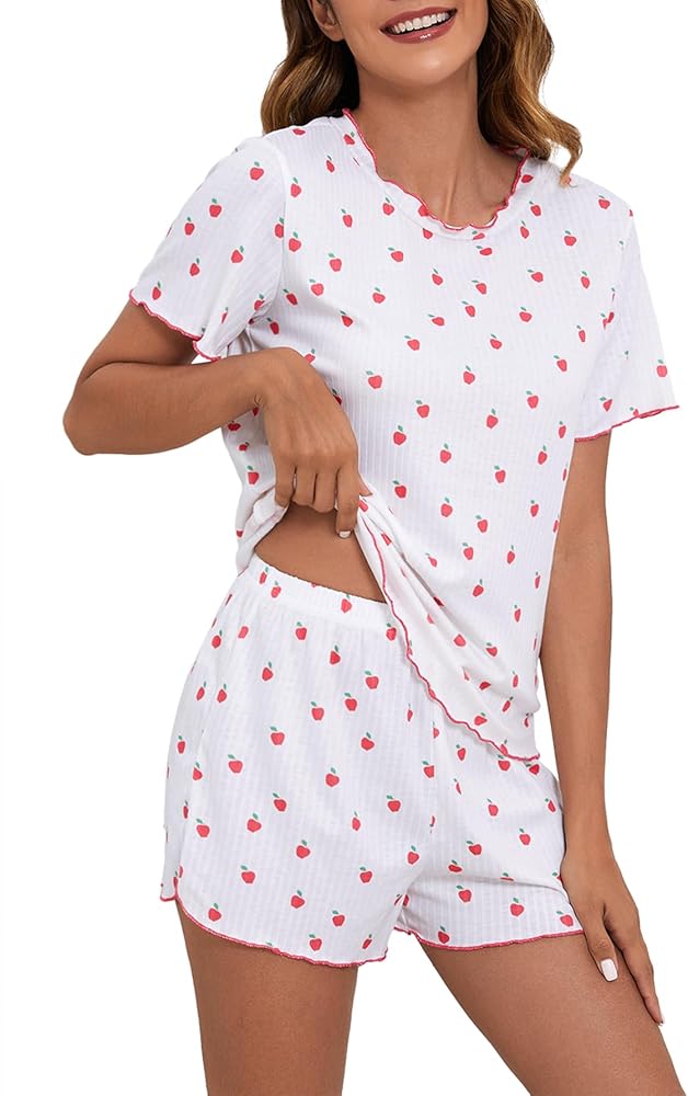 SOLY HUX Pajama Set for Women Cute Print Short Sleeve Tee and Shorts Lounge Sleepwear White Printed Large