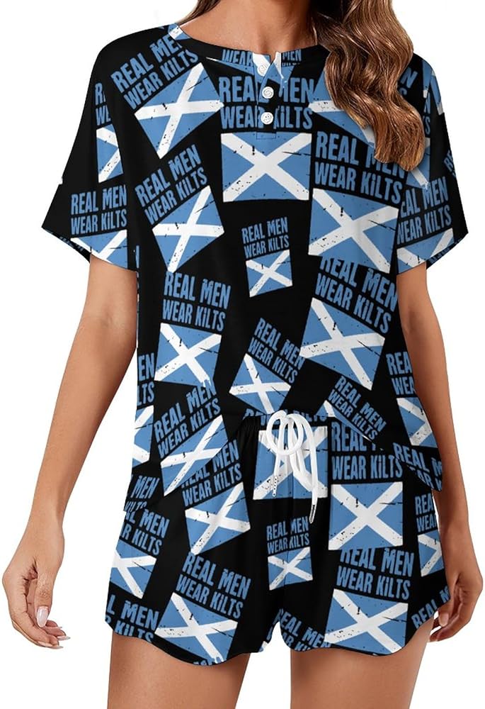 Scottish Flag Real Men Wear Kilts Classic Women's Pajamas Loungewear Set Loose Short Sleeve Sleepwear With Pockets