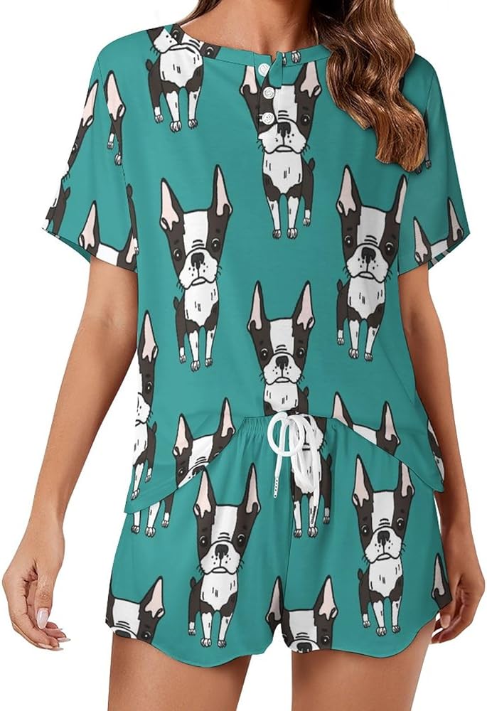 Boston Terrier Dogs Classic Women's Pajamas Loungewear Set Loose Short Sleeve Sleepwear With Pockets