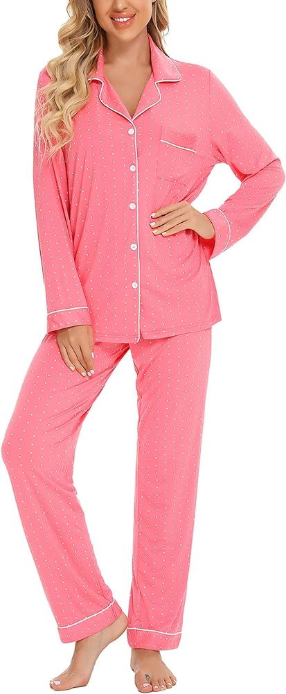 Pajama Sets for Women Soft Button Down PJS Long Sleeve Shirt Pajama Pants Sleepwear S-XXL