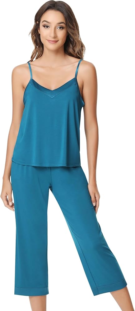 NACHILA Women's Pajamas-Viscose Made from Bamboo, Pleated Cami Top with Capri Pants Pjs Cool Pajama Set Sleeveless Sleepwear