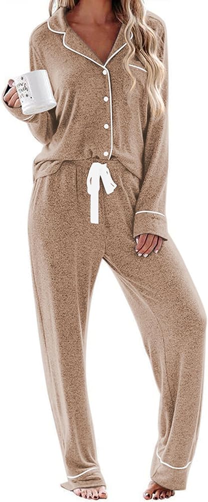 Ekouaer Women's Pajamas Long Sleeve Sleepwear Casual Button Down Loungewear Soft Pjs Set S-XXL