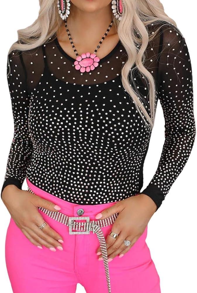 Women's Sexy Rhinestone Sheer Mesh Long Sleeves Bodysuit S-3XL