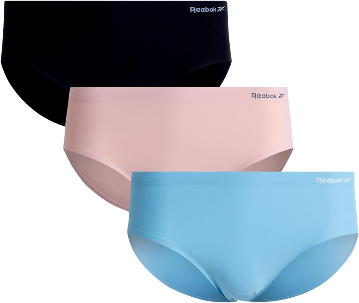 Reebok Women's Hipster Briefs - 3 Pack Stretch Performance Breathable Hipster Panties - Seamless Underwear for Women (S-XL), Size Medium, Blue/Lotus/Black