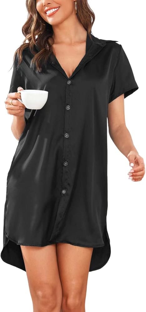 Women's Satin Silk Nightgown Button Down Night Shirt Sexy Sleep Dress V-Neck Sleepwear