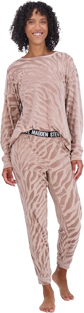 Steve Madden Women's Pajama Set - 2 Piece Peach Fuzz Velour Drop Shoulder Shirt and Jogger Pants - Sleepwear for Women (S-XL)