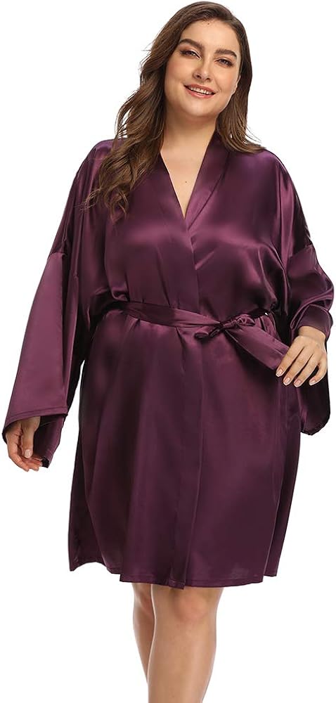 Women's Plus Size Short Satin Kimono Robes Sleepwear Bathrobes Silky Dressing Gown