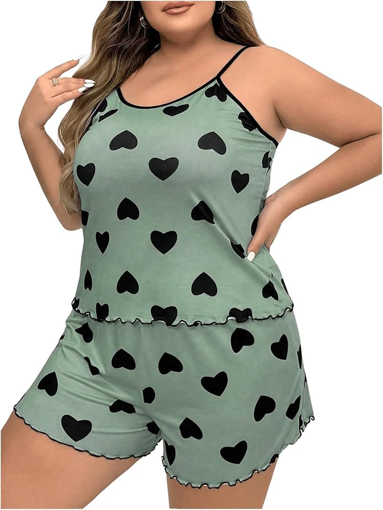 Milumia Women's Plus Size 2 Piece Heart Print Pajama Ruffle Trim Cami Top and Shorts Lounge Sets Sleepwear