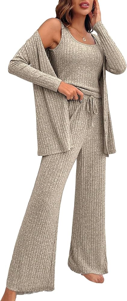 MakeMeChic Women's Lounge Sets 3 Piece Pajamas Set Open Front Cardigan Tank Tops Pants Loungewear Nightwear