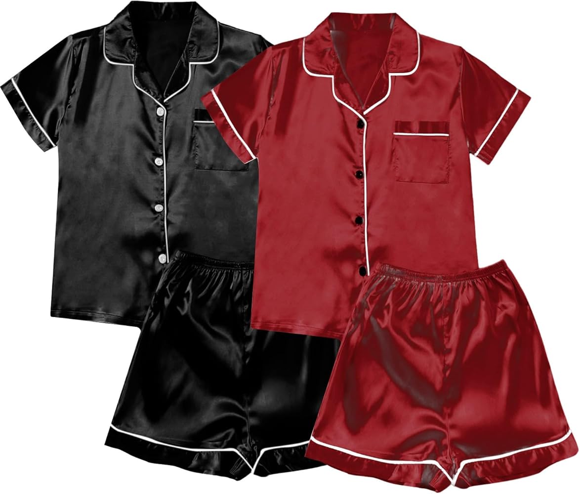 4pc Womens Pajama Sets Plus Size Silk Satin Short Sleeve Button down Sleepwear Top and Shorts PJ Set