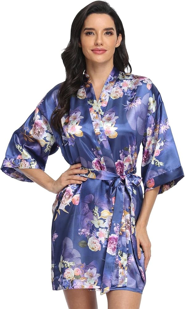 Women's Floral Satin Kimono Robes Bridesmaid and Bridal Short Silky Robe Sleepwear for Wedding Party