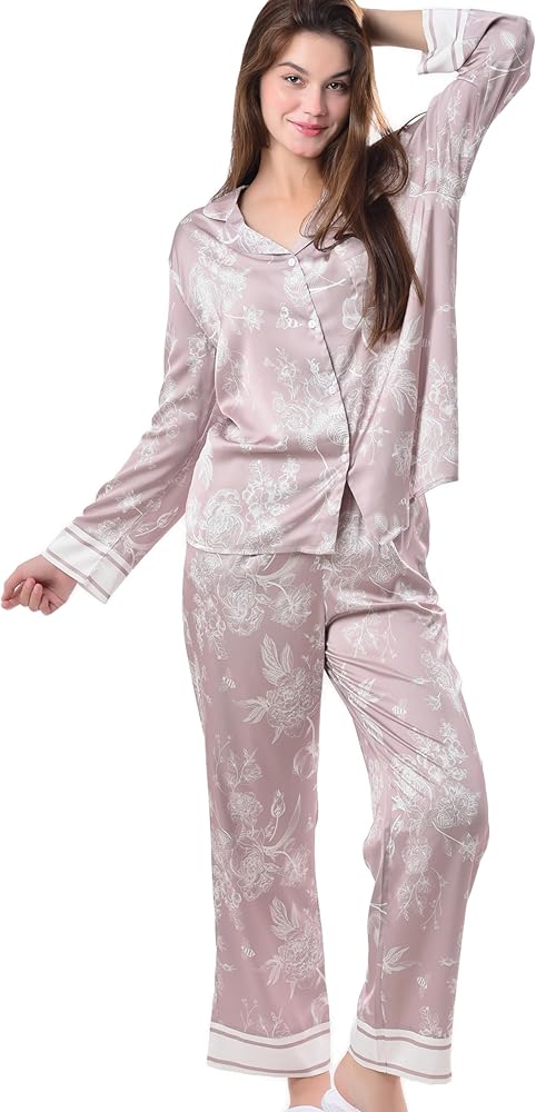 Women's Silky Satin Pajamas Set Long sleeve and Pants Sleepwear Soft and Comfy Button Down Loungewear Relaxed Fit